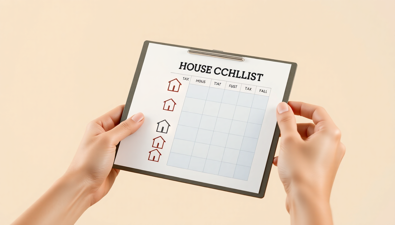 다주택자 기준 및 산정법을 나타내는 주택 수 체크리스트를 들고 있는 손과 함께 각 주택 수 산정 기준을 상징하는 부드럽게 빛나는 주택 아이콘들이 있는 클린한 이미지