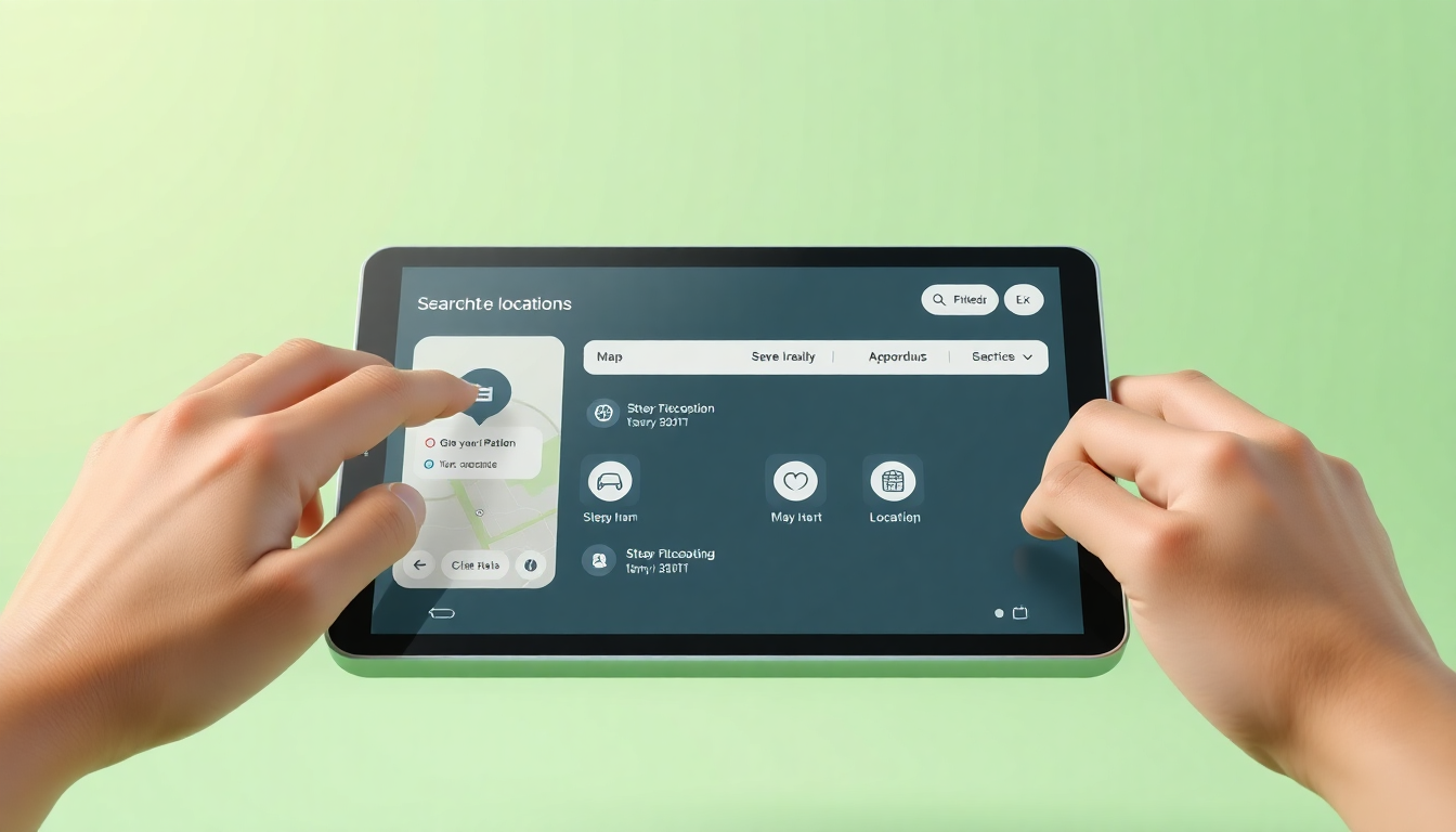 내일배움카드 사용처 검색법을 디지털 태블릿을 활용해 필터를 조작하는 손과 함께 보여주는 부드러운 3D 렌더링 이미지