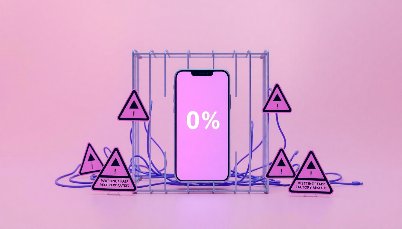 복구율을 0%로 만드는 사용자의 실수를 데이터 스트림과 경고 표지판으로 감싼 스마트폰으로 표현한 구체적인 장면