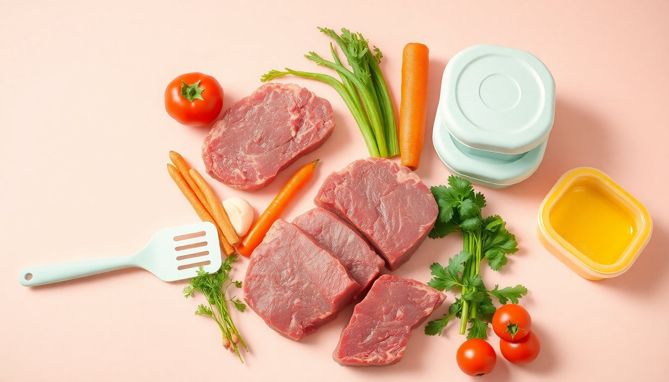이유식 만들기 재료 및 팁을 신선한 채소와 저지방 소고기, 실리콘 스파출러와 이유식 용기와 함께 세련되게 배치한 부드러운 3D 렌더링 이미지