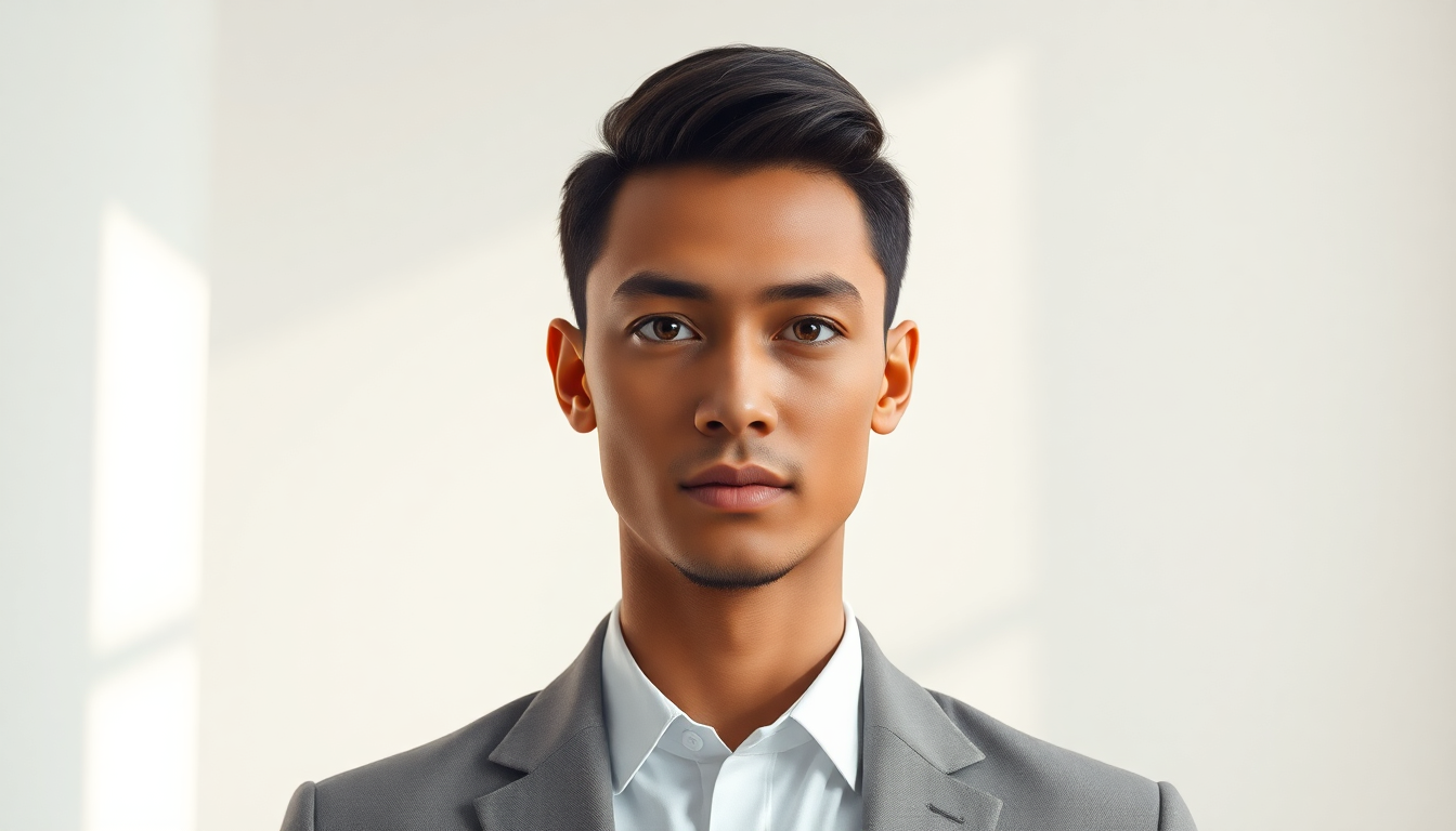 미니멀한 파스텔 환경 속에서 자신감 있는 젊은 직장인을 세련되고 현대적인 3D 렌더링으로 표현한 이미지