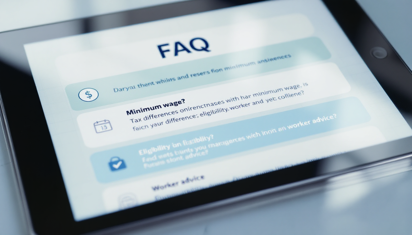 최저시급 관련 자주 묻는 질문(FAQ) 섹션을 보여주는 태블릿 화면