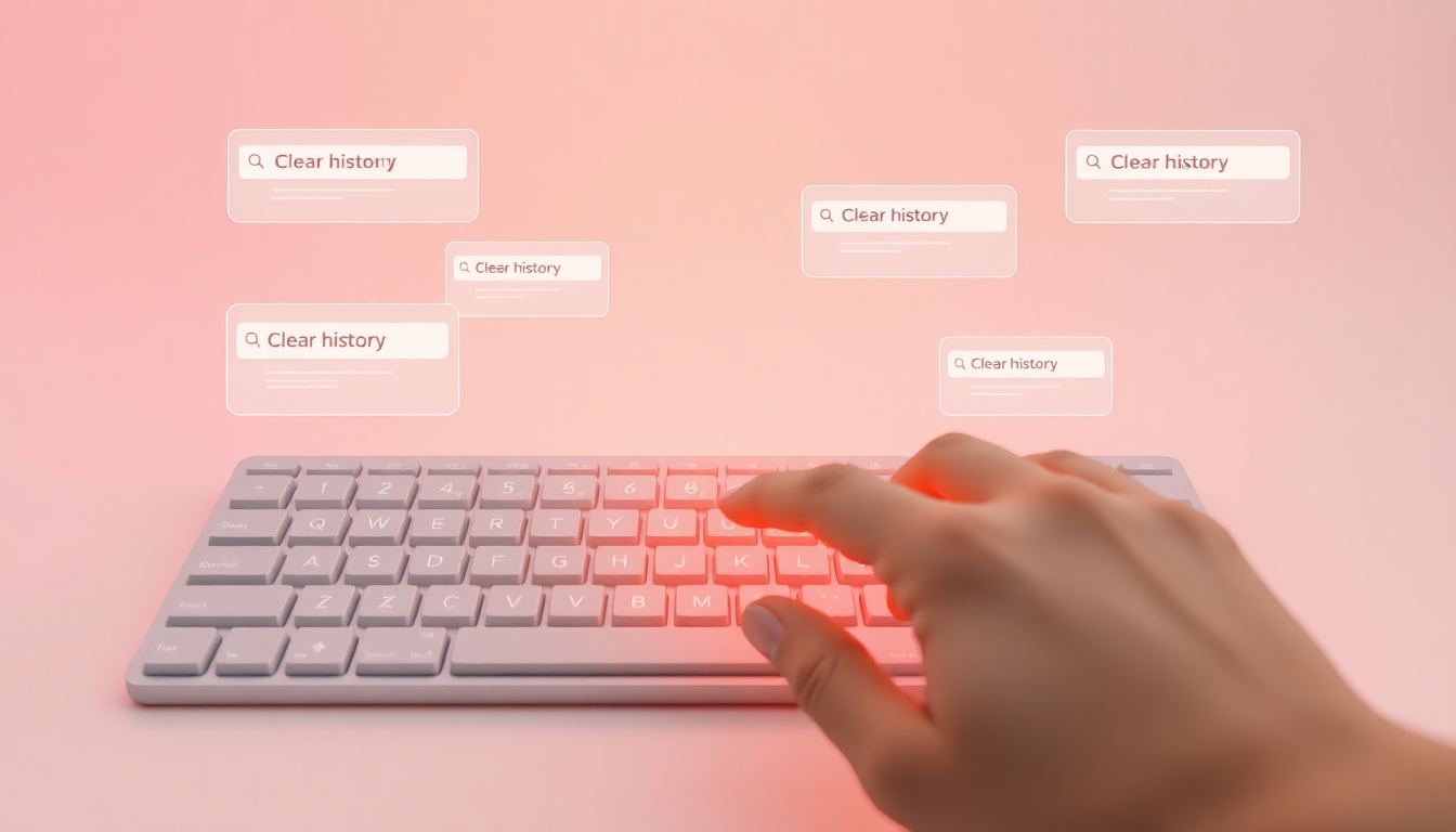 PC에서 크롬 단축키를 눌러 검색 기록 전체 삭제를 실행하는 손과 키보드의 부드럽고 매트한 질감 표현
