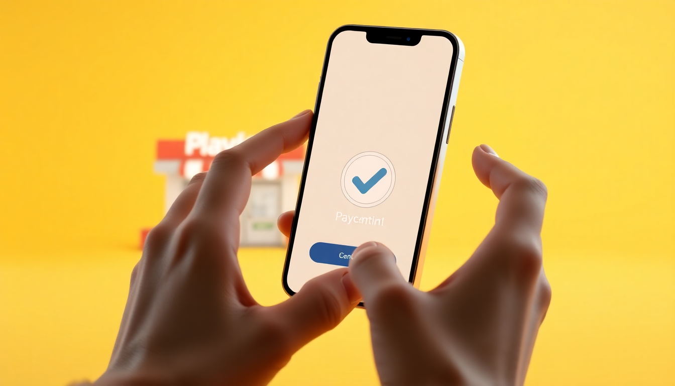 가장 빠른 미납 납부 방법을 나타내는 손이 스마트폰을 들고 결제 완료 아이콘이 보이는 장면, 편의점과 드라이브스루 배경 요소가 흐릿하게 표현된 부드러운 클레이 질감의 3D 렌더링