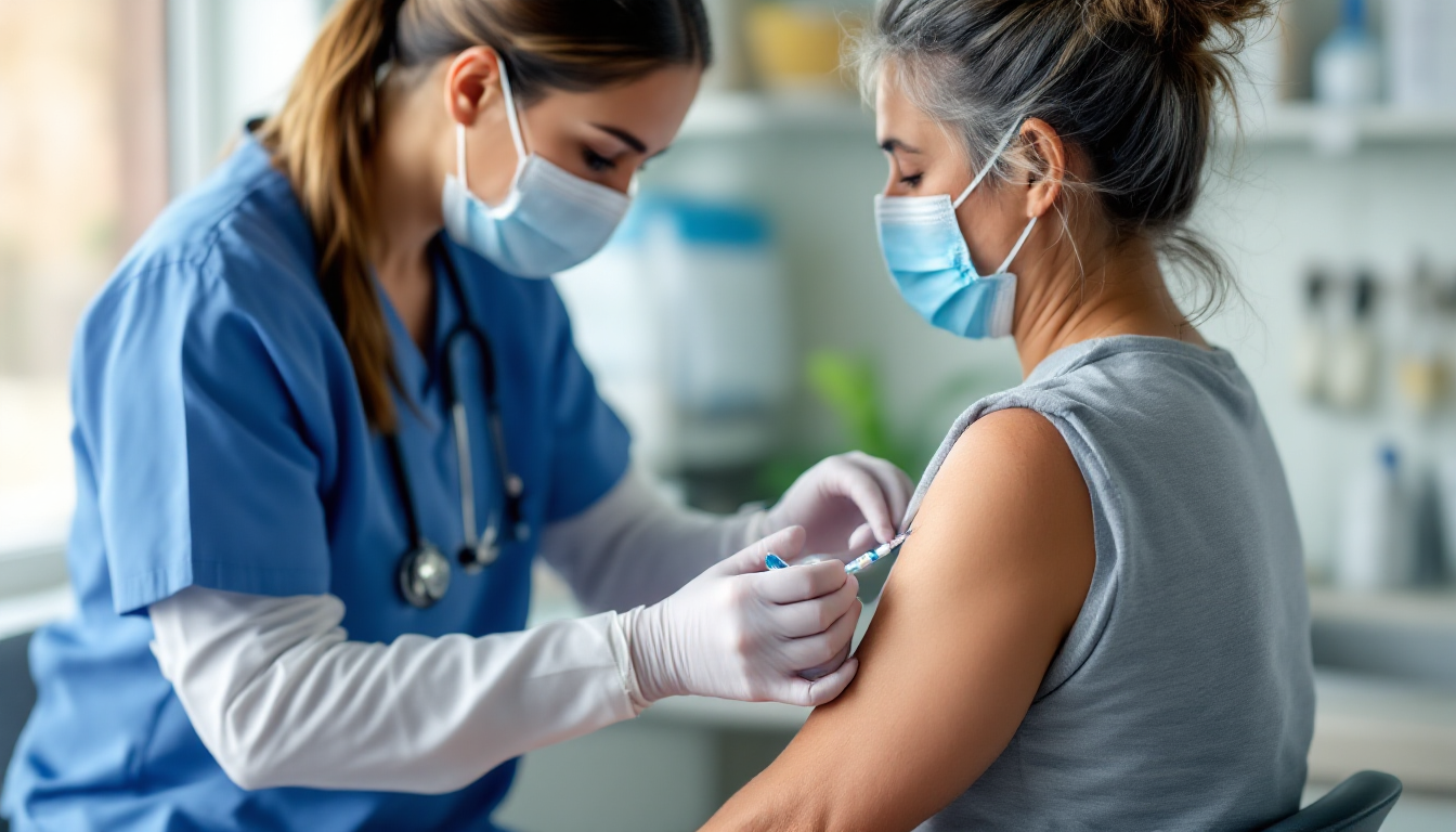 독감 예방접종을 받는 사람과 함께 마스크 착용, 손 씻기, 충분한 수분 섭취 등 건강한 겨울나기 습관을 나타내는 이미지