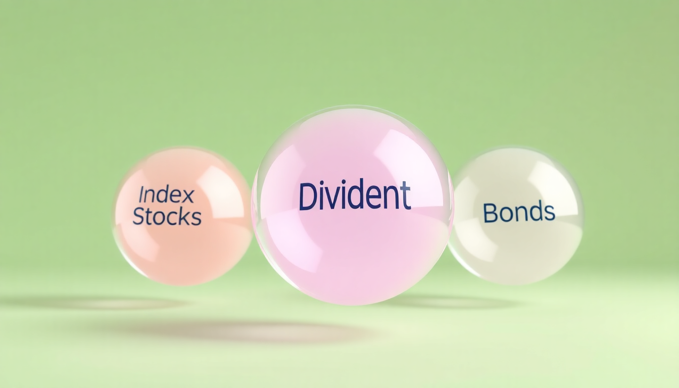 초보자를 위한 월 20만원 분산 투자 전략을 나타내는 세 가지 부드러운 3D 구체 메타포, 각각 지수 추종형, 배당 성장형, 안전 자산을 상징하는 장면