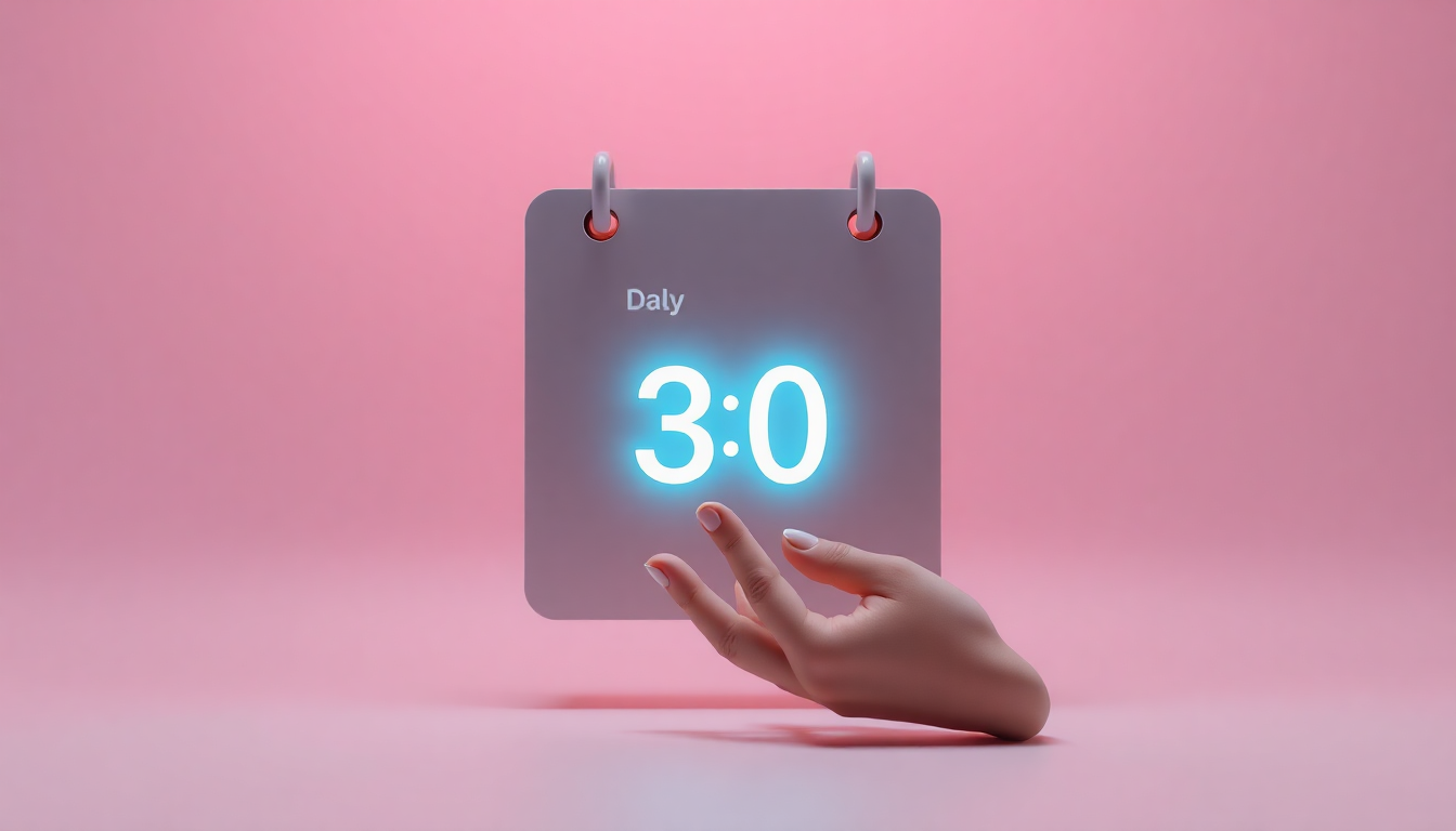 인스타그램 계정 삭제 시 30일 유예기간을 나타내는 3D 렌더링 이미지로, 손이 카운트다운 탁상 달력 위에 부드럽게 내려가는 장면