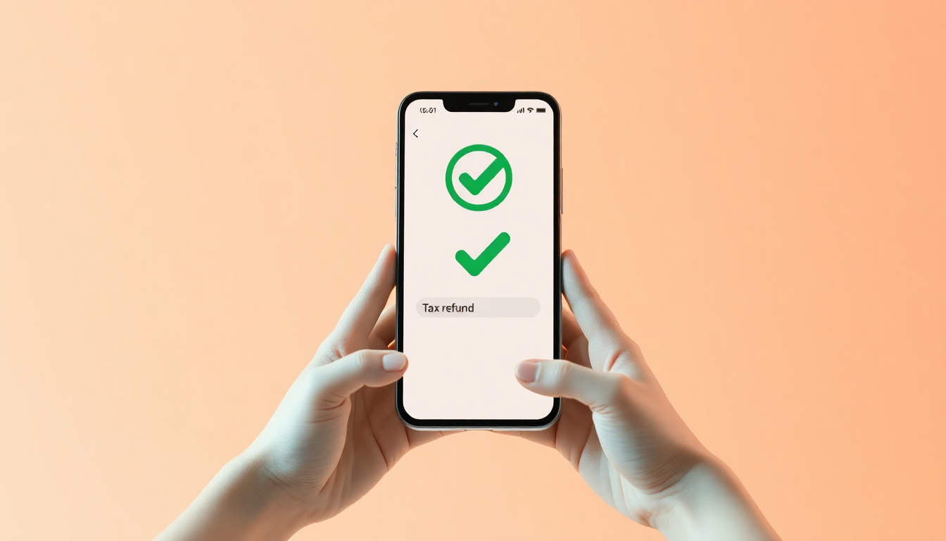 종합소득세를 스마트폰으로 5분 만에 신고하는 과정을 상징적으로 보여주는 손에 든 스마트폰 화면