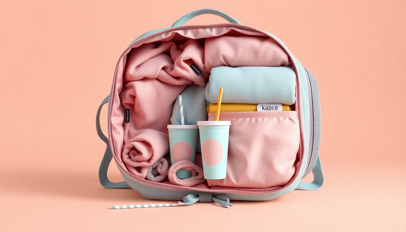 어린이집 필수 준비물 리스트를 보여주는 파스텔색 가방 속 준비물들이 정갈하게 배열된 모습