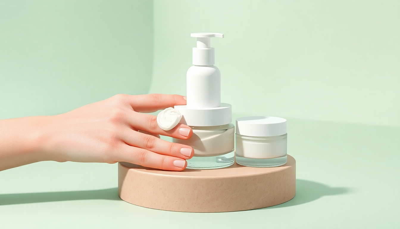 단계별 보습법을 보여주는 수딩젤, 로션, 크림 등의 제품이 정돈되어 있고, 손이 수딩젤을 피부에 부드럽게 바르는 모습