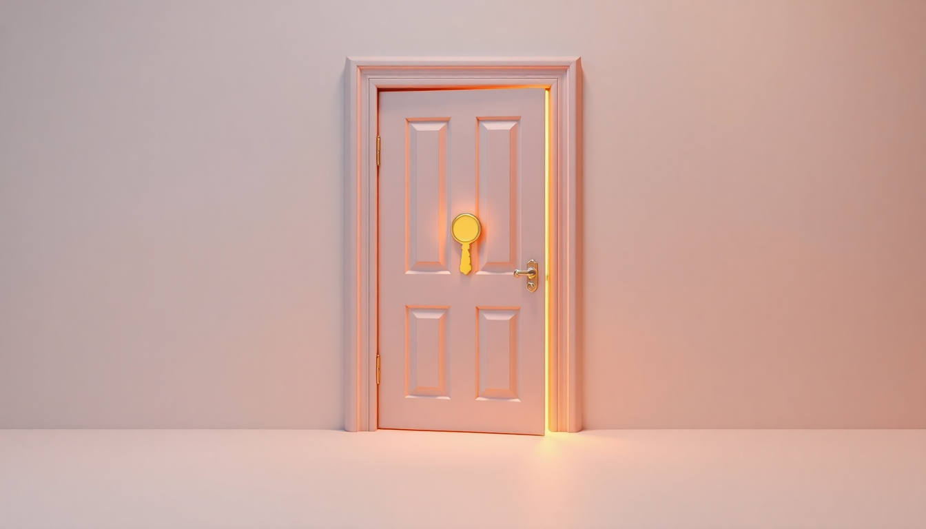 빚더미에서 벗어날 수 있는 마지막 기회인 개인파산을 상징하는 황금빛 열쇠 구멍이 있는 닫힌 문을 부드러운 클레이 질감으로 표현한 이미지