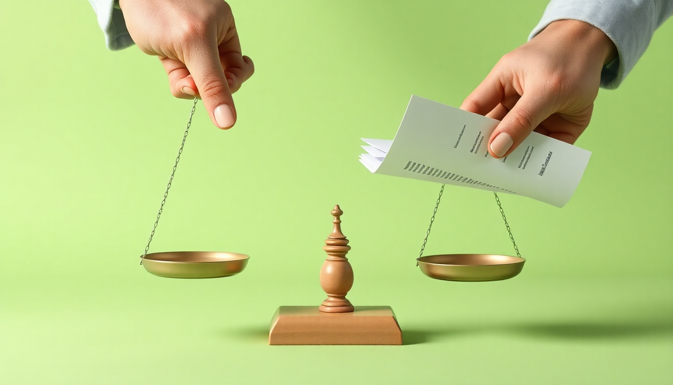 징용 문제 해결을 위한 법적 대응과 전문가 도움을 상징하는 균형 잡힌 저울과 법률 문서가 있는 손의 부드러운 3D 렌더링