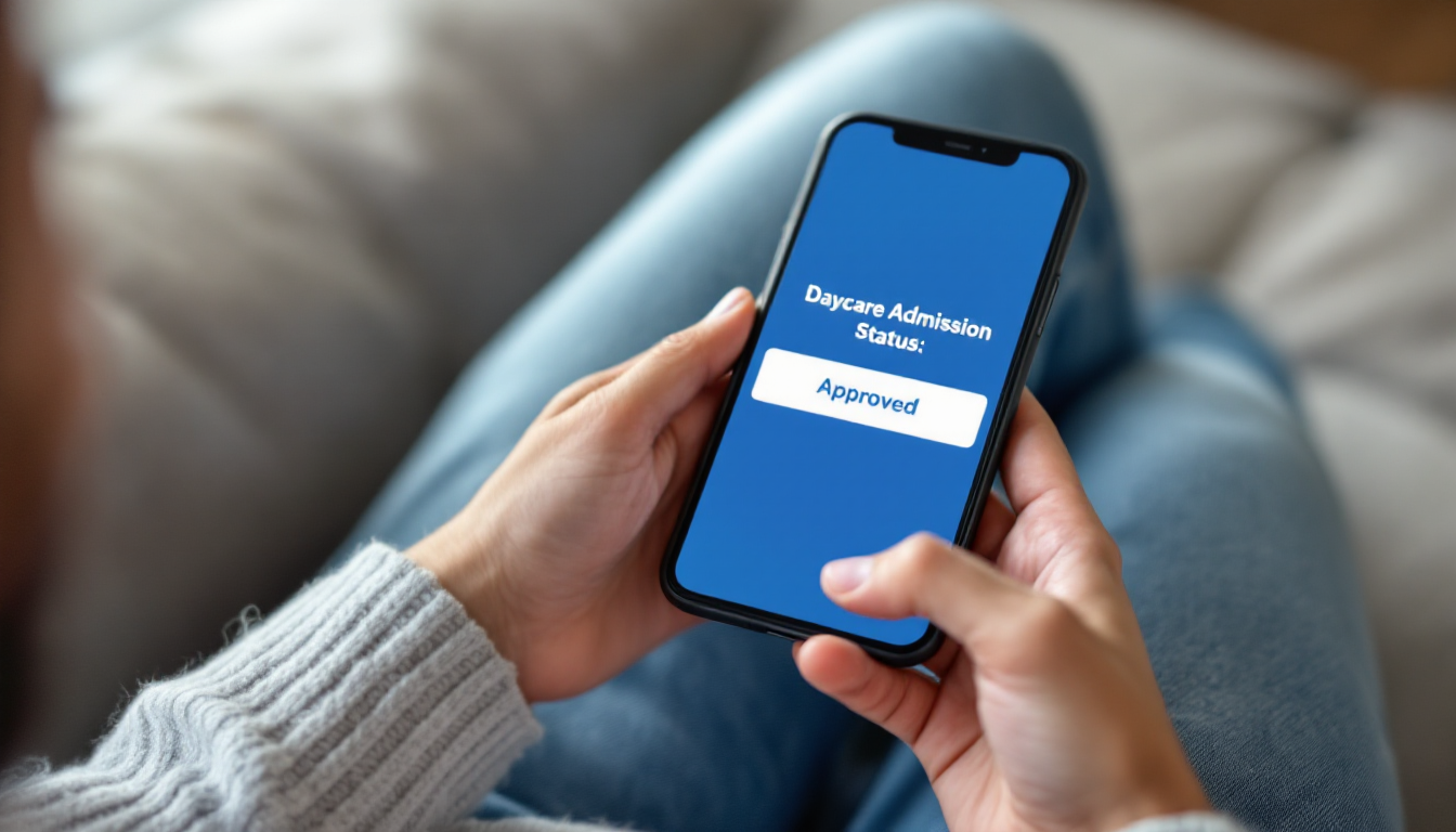 어린이집 입소 대기 번호 확인 문자 알림을 받고 있는 부모의 스마트폰 화면