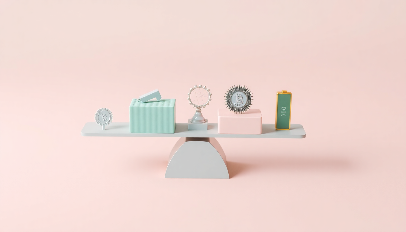 ETF 포트폴리오 수익률을 나타내는 핵심과 위성 자산을 나타내는 균형 잡힌 저울과 미니어처 모델들