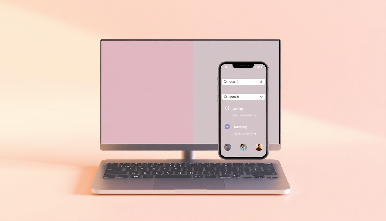 전국 검색 시 가독성 비교: PC 키보드와 스마트폰이 대비되는 화면을 보여주는 부드러운 3D 렌더링