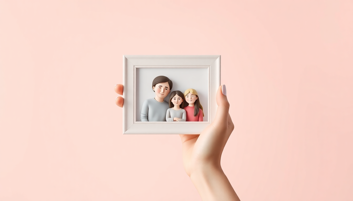 동반 가족 및 비자 정보를 나타내는 부드러운 매트 플라스틱 재질의 가족 사진 액자를 손이 들고 있는 모습의 3D 이미지