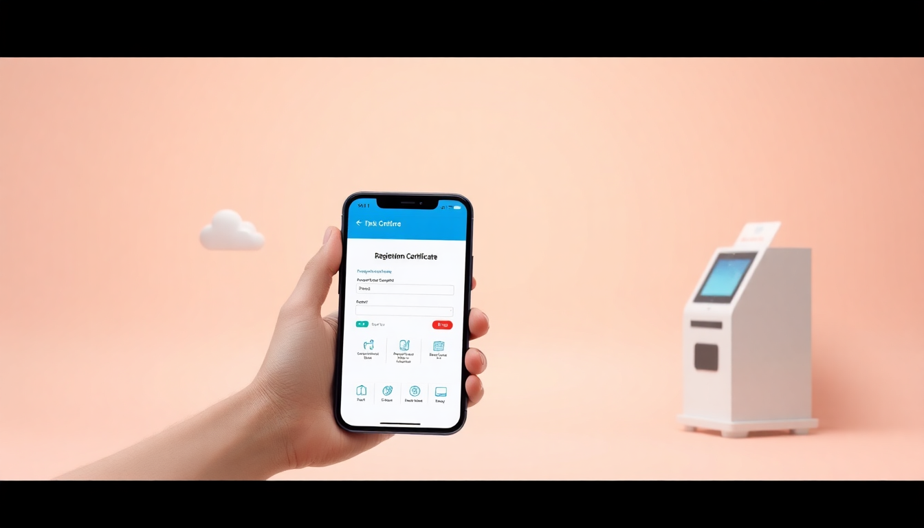 모바일과 무인발급기, 인터넷발급을 상징하는 스마트폰 디지털 등기부등본 화면과 손을 보여주는 3D 렌더링 장면