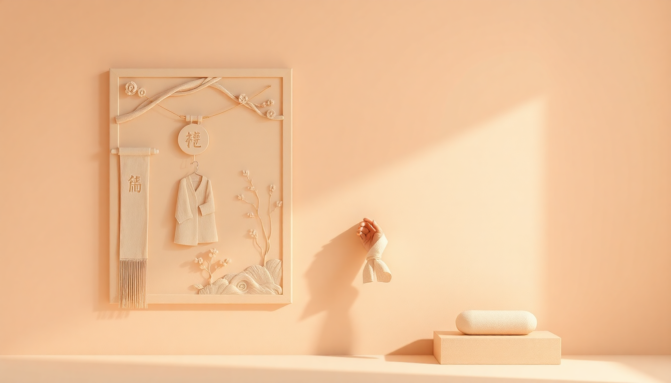 입춘 풍속 중 입춘첩 붙이기를 손이 행하는 모습을 표현한 매트 플라스틱 질감의 섬세한 부조 벽면 이미지, 부드러운 파스텔 배경과 조명으로 전통 풍속을 현대적으로 해석함