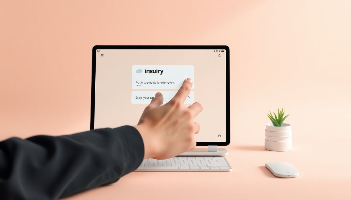 비대면 기부 취소 루트를 대표하는 손이 투명 태블릿에서 1:1 문의 게시판에 해지 요청 글을 작성하는 장면