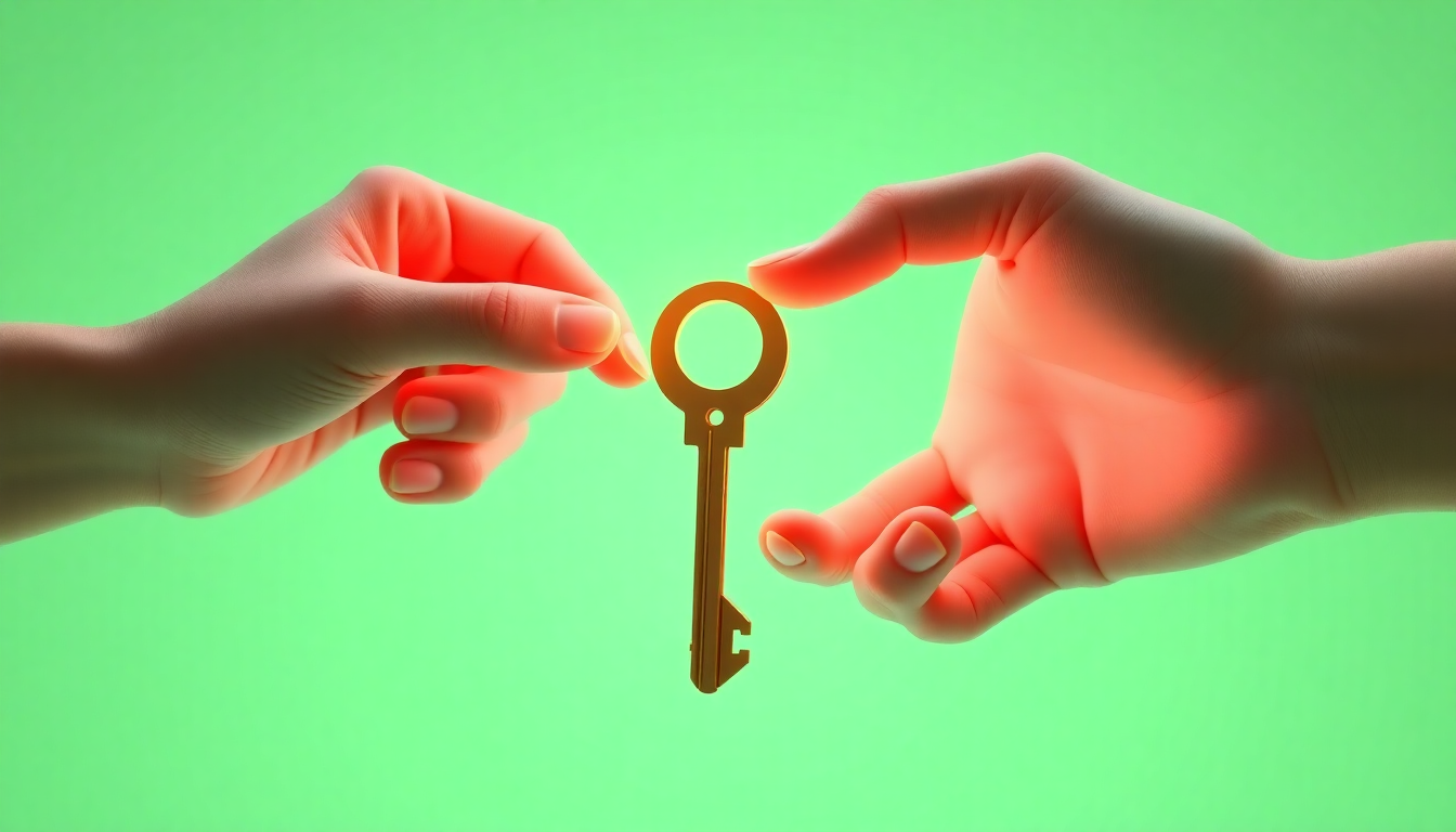 명절 바우처 및 정책자금 지원을 은유하는 두 손이 빛나는 열쇠를 주고받는 장면