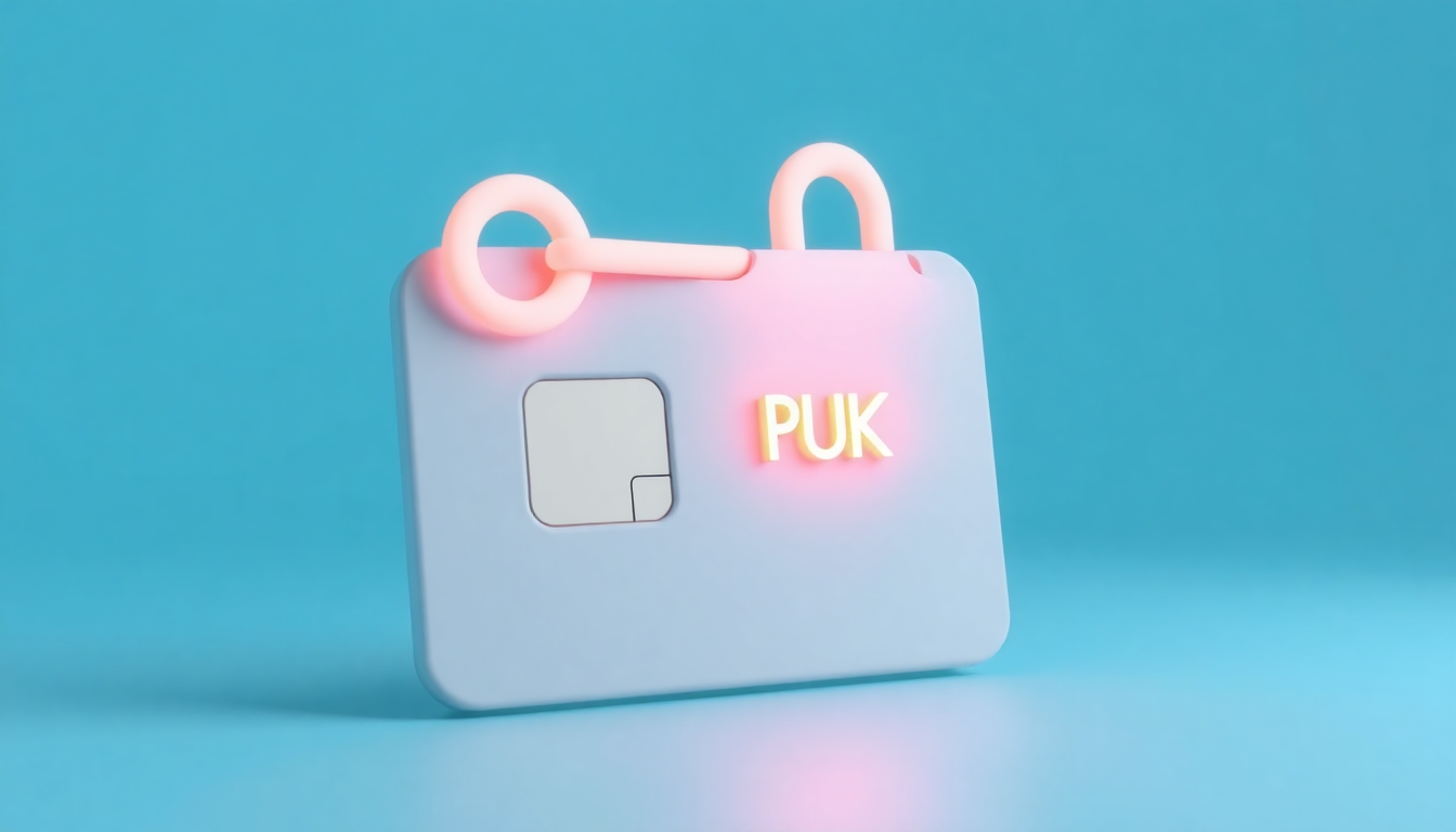 PUK 번호를 설명하는 장면으로, 잠긴 유심카드와 그 위에 빛나는 열쇠 모양의 PUK 코드가 떠 있는 모습