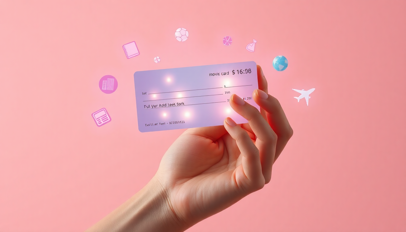 전남청년 문화복지카드의 연간 혜택과 사용처를 상징하는 부드러운 3D 렌더링 클레이 질감 체크카드와 영화, 책, 스포츠, 여행 아이콘이 떠다니는 장면