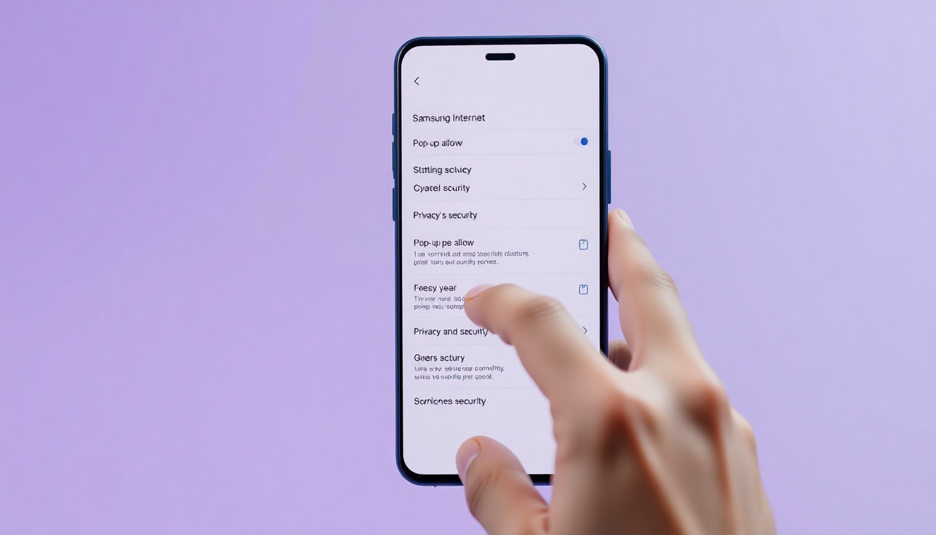 삼성 인터넷 앱의 팝업 허용 설정 화면을 손이 조작하는 모습을 매트 플라스틱 질감과 자주색 단색 배경으로 표현