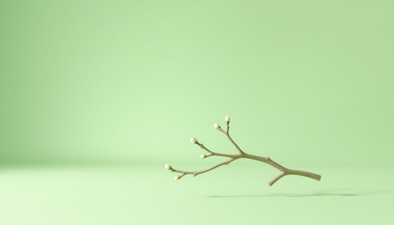 입춘의 의미와 봄의 시작을 나타내는 새싹이 돋아나는 가지의 클레이 모델 이미지로, 미니멀 단색 배경과 부드러운 조명으로 신선하고 생동감 있게 표현