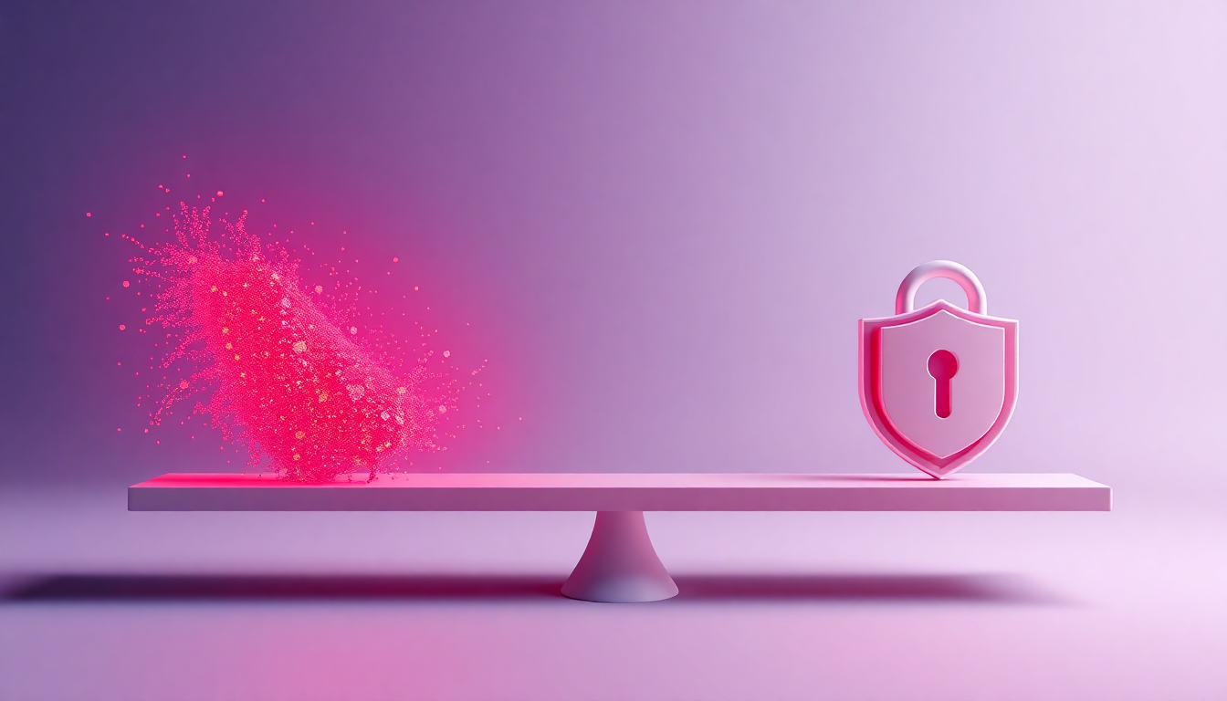 데이터 수집 방치 시 위험도와 거부 설정 후 보안 효과를 대비해서 표현한, 위험 수준과 안전 보호를 나타내는 3D 저울 메타포