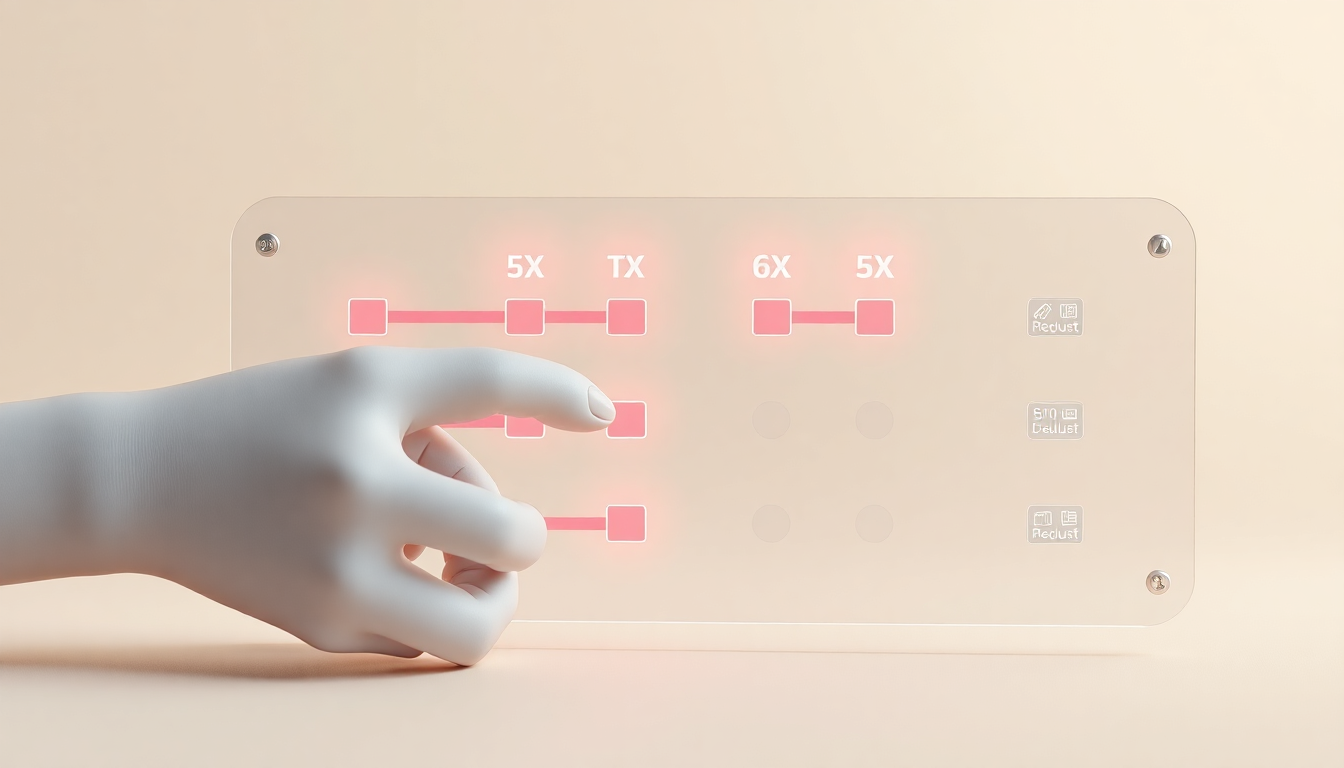 신고서 수정 주의사항을 나타내는 미래적 투명 패널에서 세금 공제 항목을 조정하는 손 모형의 장면