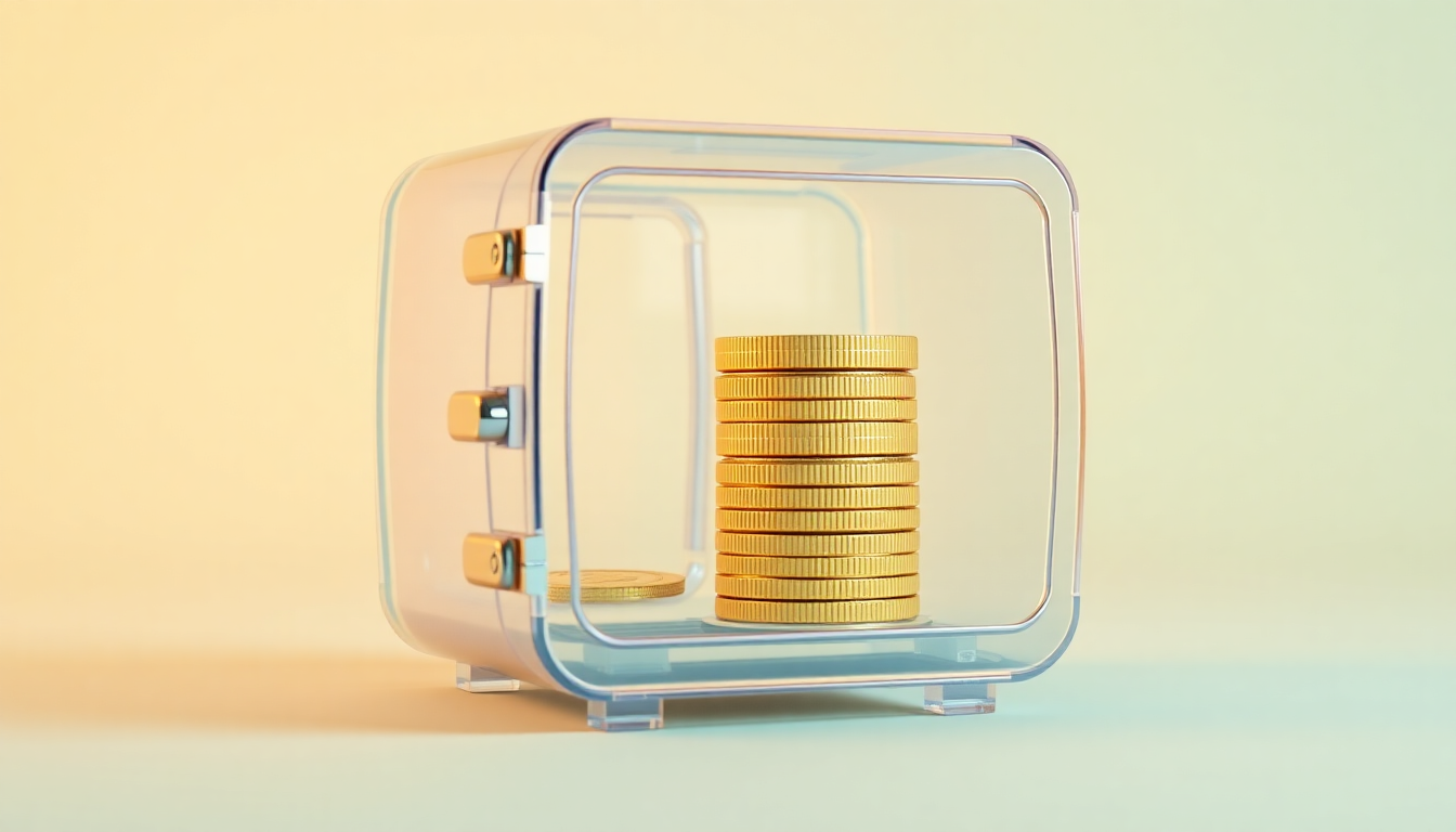 비트코인 채굴 수익을 투명 크리스탈 금고에 쌓이는 금화로 형상화한 이미지