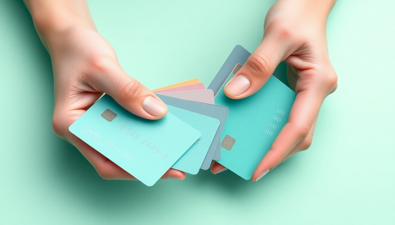 매칭지원금 수령계좌 관리를 상징하는 여러 은행 카드들을 부드럽게 정돈하는 손을 클레이 질감으로 표현한 이미지