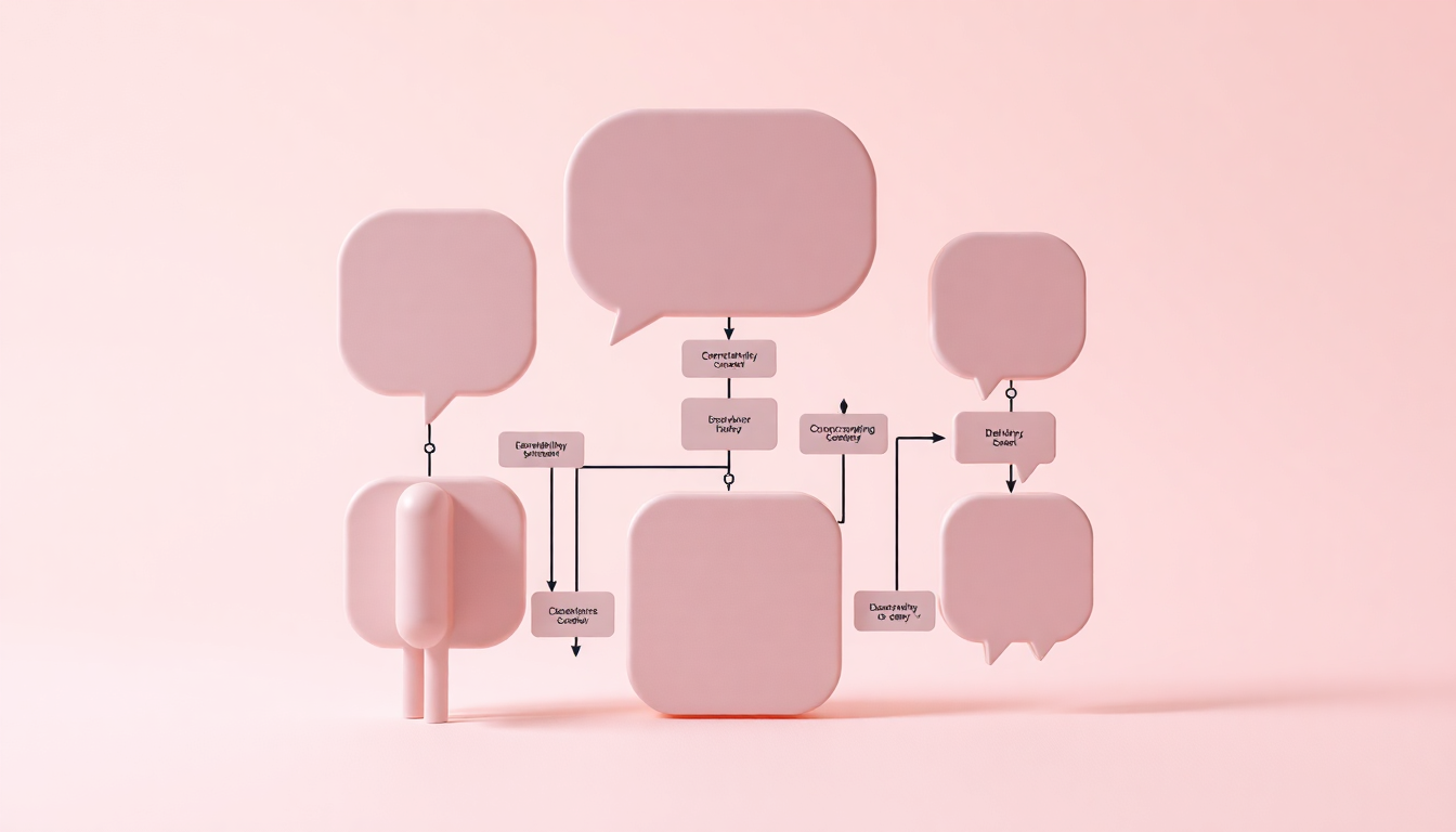 제타 AI 시스템 규정 내에서 창의적으로 대화하는 모습을 메타포와 상징으로 변환하는 대화 흐름도를 부드러운 3D 매트 플라스틱 조각 스타일로 표현한 장면