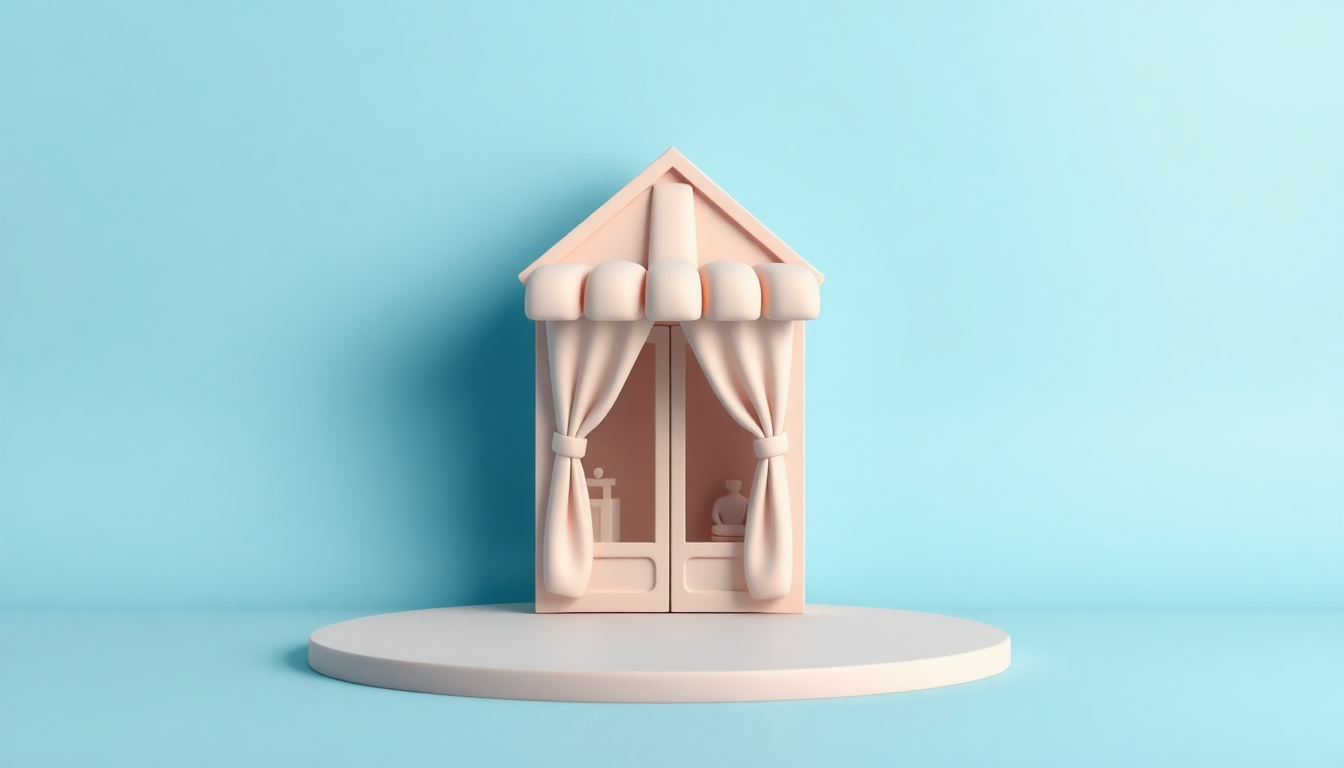 폐업을 결정하고 새로운 시작을 준비하는 소상공인의 작은 가게를 접는 모습을 부드러운 3D 클레이 스타일로 표현한 이미지