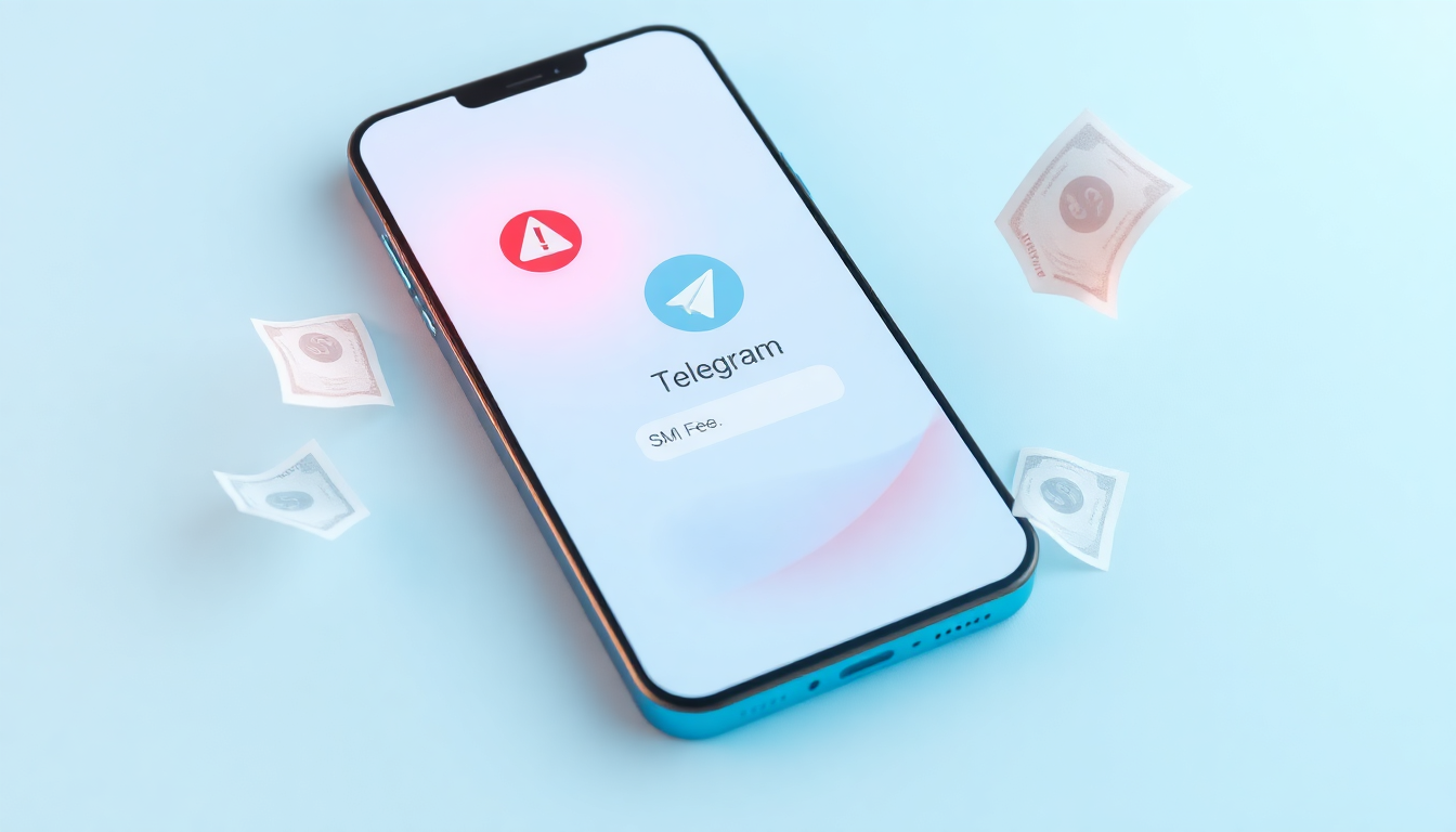텔레그램 로그인 시 SMS 수수료 발생 원인을 상징하는, 경고 알림과 날아다니는 지폐를 포함한 모바일 기기 화면 장면