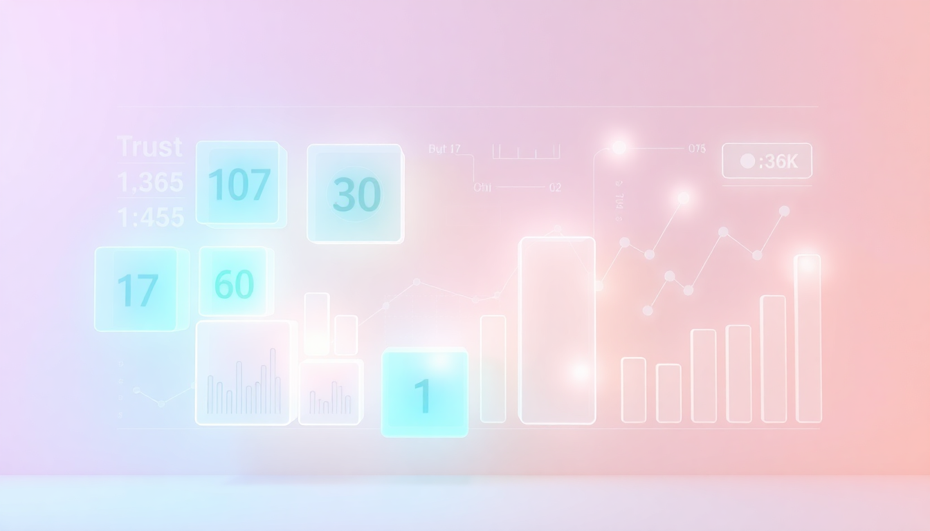 금융과 숫자의 관계를 나타내는 깔끔하고 부드러운 3D 수치 블록과 그래프 대시보드, 신뢰와 데이터 흐름을 상징하는 빛나는 선이 있는 장면