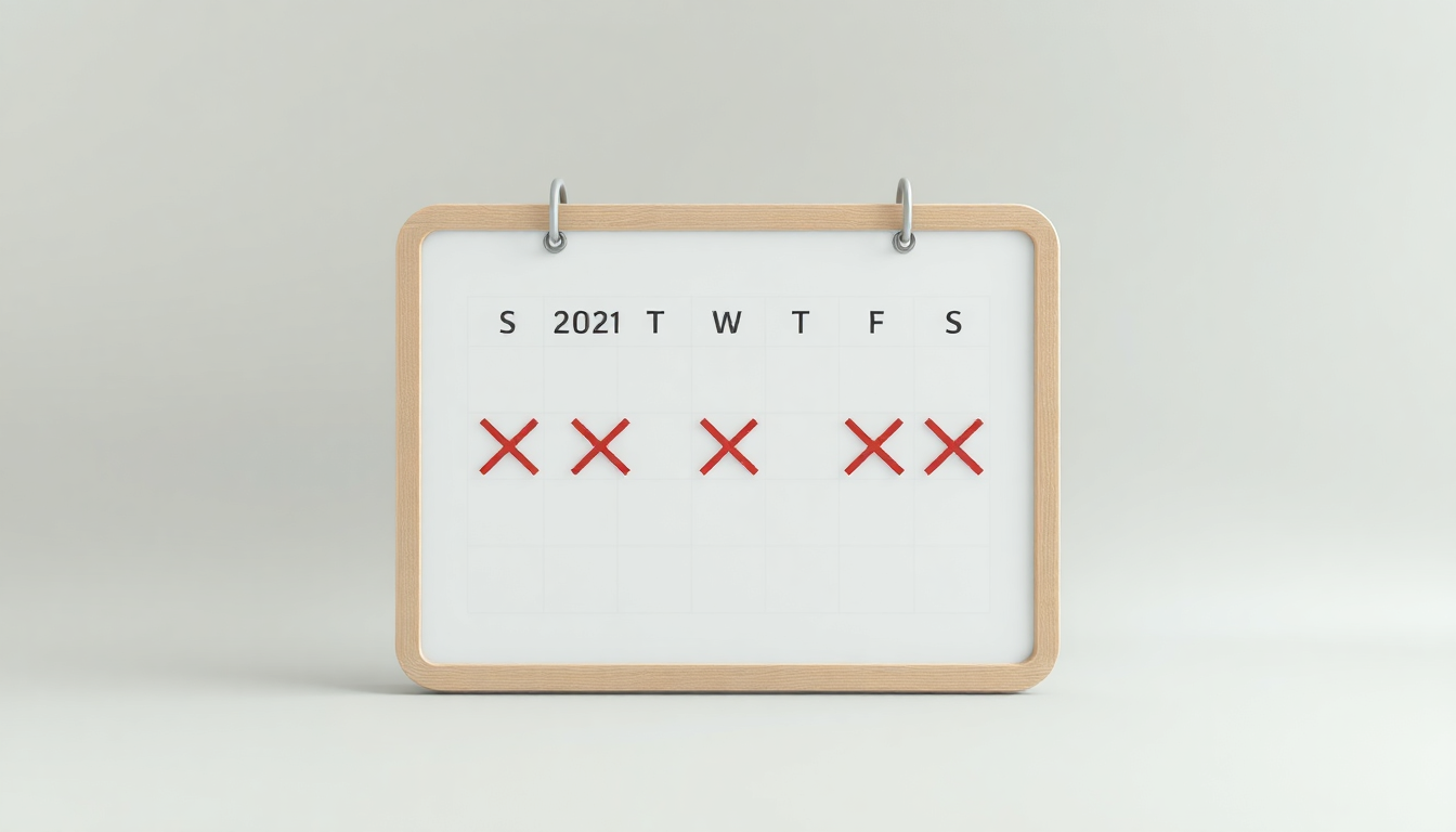 주말 및 공휴일 휴장을 의미하는 주말 및 공휴일 표시가 된 달력 모양 폐쇄판을 클레이 질감과 파스텔 회색 배경으로 표현한 이미지