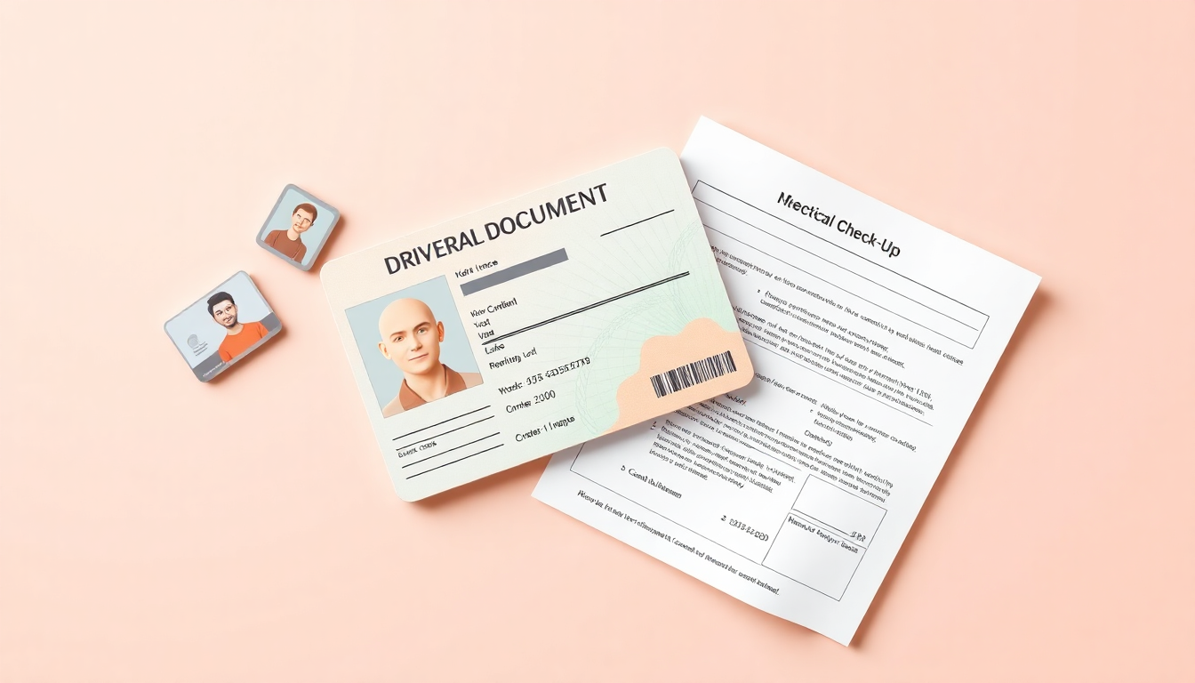 운전면허 갱신을 위한 필수 준비물을 클레이 및 매트 플라스틱 소재로 미니멀하게 배열한 모습