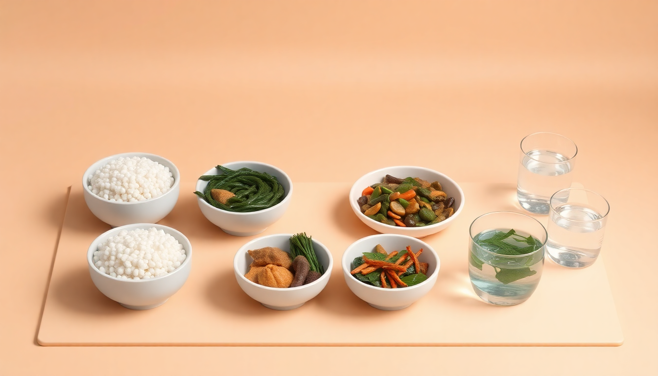 칼이나 가위를 일체 사용하지 않고 정성껏 준비한 흰쌀밥, 미역국, 삼색 나물, 정화수 등 삼신상 필수 음식들이 부드러운 3D 클레이 질감으로 표현된 전통 상차림