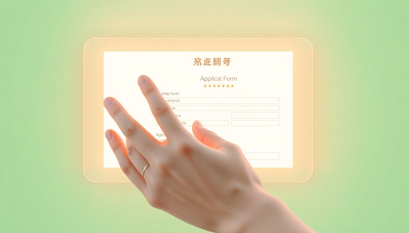 단계별 신청 방법 가이드에 맞춰 신청서를 디지털 화면에 제출하는 손의 매트 플라스틱 질감 이미지