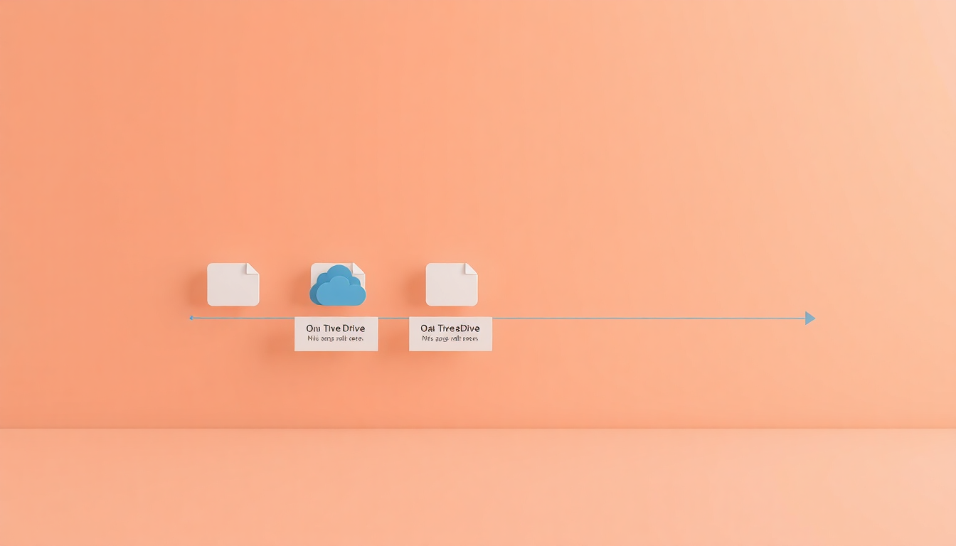 OneDrive 복원 기능을 사용해 특정 시점으로 파일 상태를 되돌리는 것을 시각화한 타임라인 인터페이스와 파일 복구를 나타내는 부드러운 3D 렌더링
