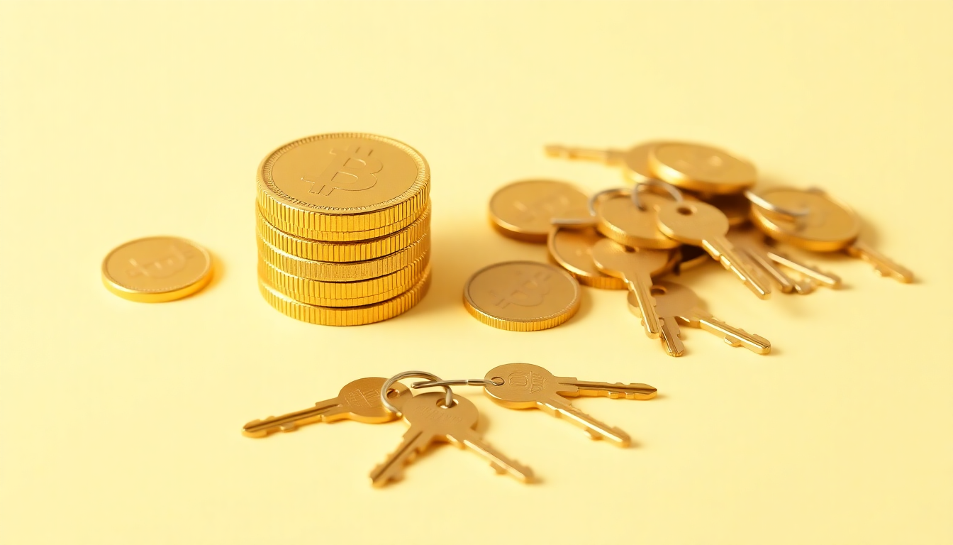 아파트 매매 비용 항목을 상징하는 황금 동전 더미와 열쇠 묶음을 배경 없이 단색 파스텔로 표현한 부드러운 3D 매트 플라스틱 렌더링