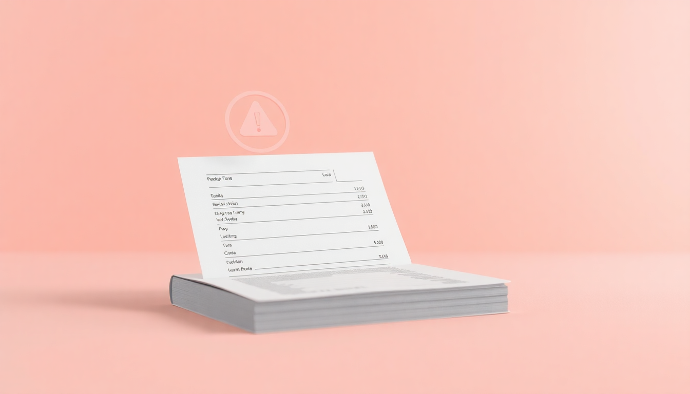 무실적 신고 의무와 신고 누락 시 불이익을 투명한 영수증책과 경고 심볼로 표현한 부드러운 3D 이미지