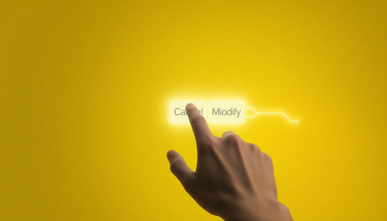 예약 변경 및 취소 과정을 손이 디지털 버튼을 누르는 모습과 가지를 뻗는 빛나는 경로로 은유적으로 표현한 부드러운 3D 렌더링 이미지