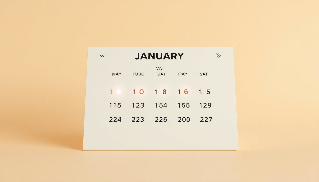 1월 부가가치세 신고 기간과 중요 날짜들을 부드러운 클레이 질감의 3D 캘린더로 표현한 시각적 이미지