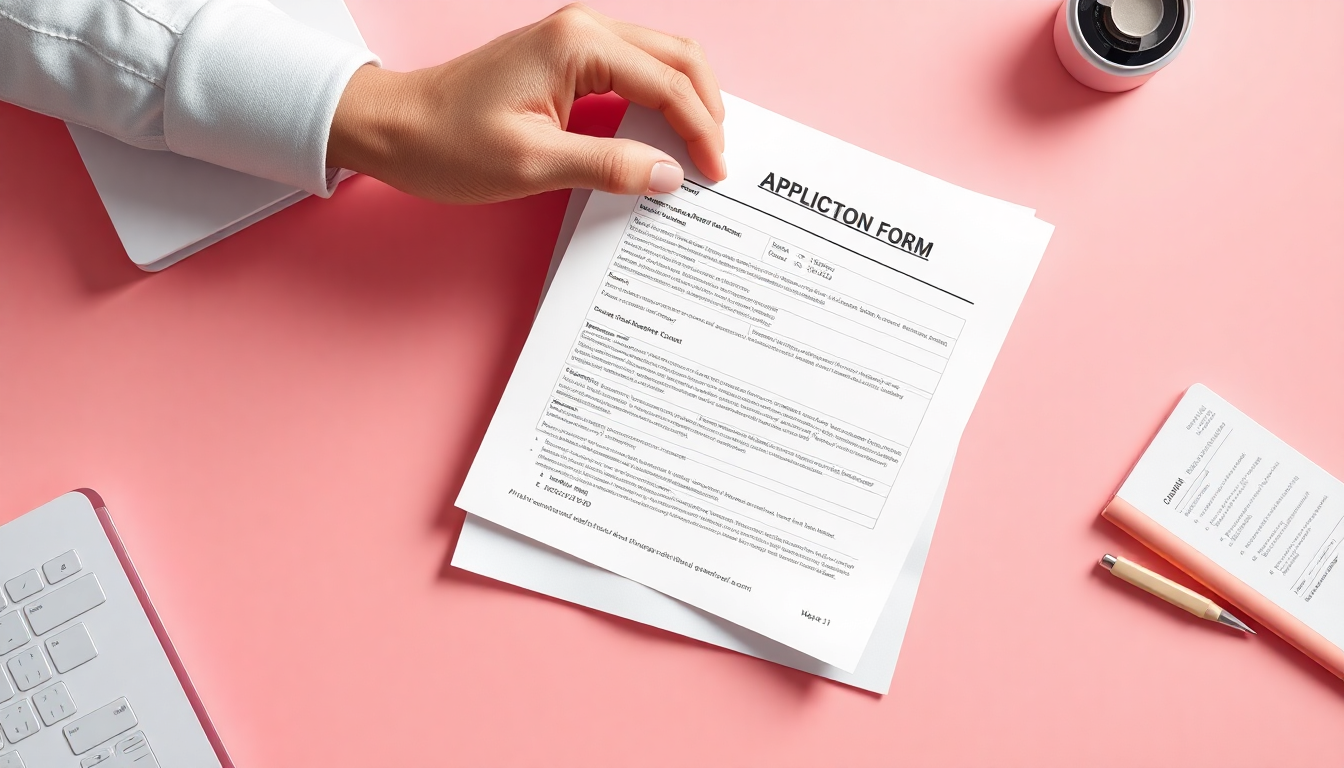 신청 절차 및 구비 서류를 상징하는 손이 신청서와 공식 서류를 책상 위에 정리하는 장면