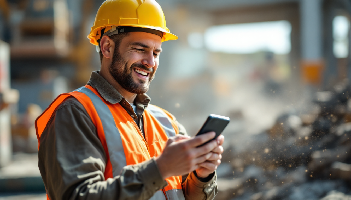 퇴직금 입금 완료 알림을 받고 통장 거래 내역을 확인하는 건설 근로자