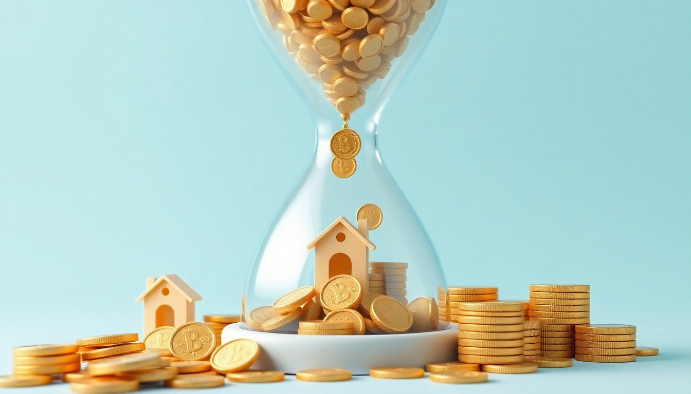 2026년 5월 9일 양도세 중과 유예 종료의 시급함을 상징하는, 주택 모양 상단에서 골드 코인이 천천히 떨어지는 대형 모래시계의 부드러운 3D 클레이 일러스트레이션