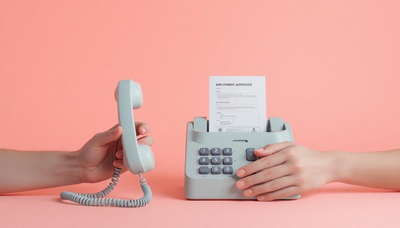 전화 한 통으로 고용보험 일용근로내역서를 팩스로 발급받는 과정을 손과 전화기, 팩스기로 표현한 따뜻한 파스텔톤 3D 이미지