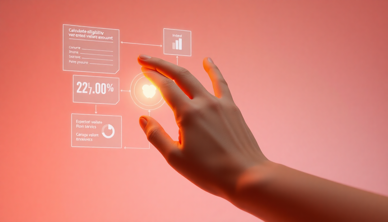 정부 온라인 모의계산 도구를 사용하는 단계를 나타낸 부드러운 3D 클레이 손과 홀로그램 인터페이스 장면